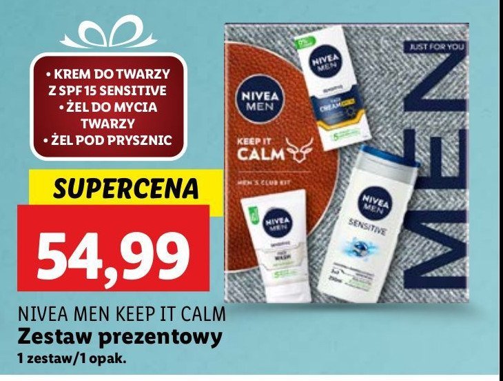 Zestaw w pudełku keep it calm: żel pod prysznic 250 ml + żel do mycia twarzy 100 ml + krem do twarzy spf 15 50 ml Nivea men zestaw promocja