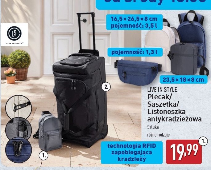 Plecak antykradzieżowy Live in style promocja w Aldi