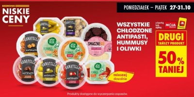 Wszystkie chłodzone antipasti hummusy i oliwki DRUGI -50% promocja w Biedronka