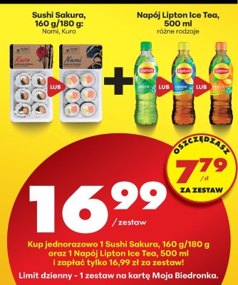 Zestaw Sushi Sakura 160g/180g Nami lub Kuro + Napój Lipton Ice Tea 500ml  promocja w Biedronka
