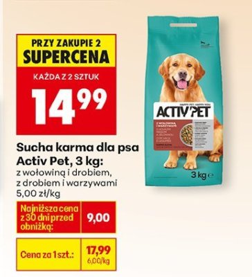 Sucha karma dla psa Activ Pet, 3 kg: z drobiem i warzywami promocja w Biedronka