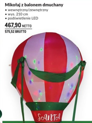 Mikołaj z balonem dmuchany wewnętrzny/zewnętrzny wys. 210 cm, podświetlenie LED promocja w Makro