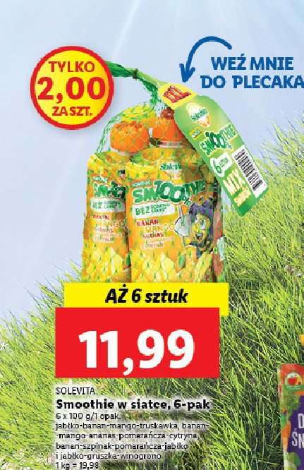 Smoothie banan-truskawka-mango-winogorono Solevita promocja w Dino