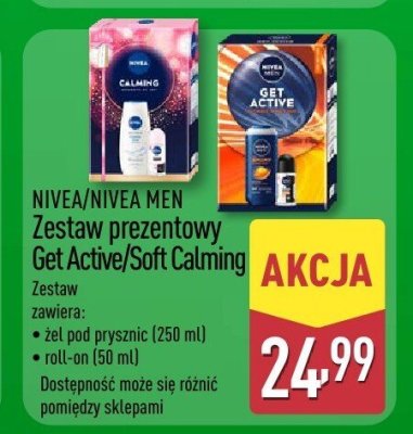 Zestaw prezentowy Nivea/Nivea Men Get Active/Soft Calming zawiera: żel pod prysznic (250 ml), roll-on (50 ml). Dostępność może się różnić pomiędzy sklepami promocja w Aldi