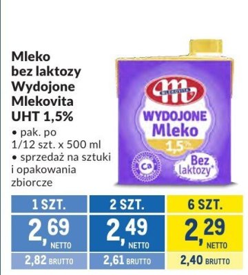 Mleko bez laktozy Wydojone Mlekovita UHT 1,5% promocja w Makro