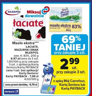 Masło ekstra 83% Łaciate/Mazurski Smak Mlekpol promocja w Carrefour