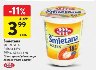 Śmietana MLEKOVITA Polska 18% promocja w Intermarche