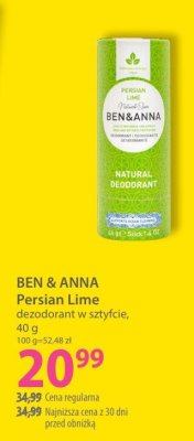 BEN & ANNA Persian Lime dezodorant w sztyfcie 40 g promocja w Hebe