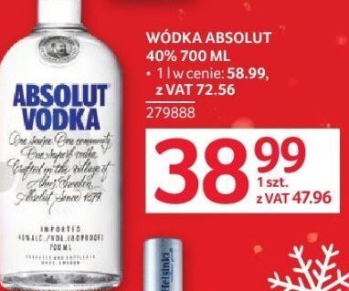 Wódka Absolut 40% 700 ml promocja w Selgros