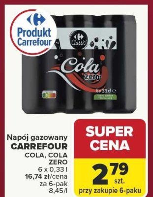 Napój gazowany CARREFOUR COLA, ZERO 6 x 0,33 l promocja w Carrefour