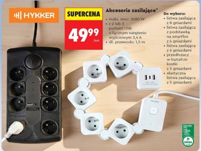 Akcesoria zasilające elastyczna listwa zasilająca z 5 gniazdami Hykker promocja w Biedronka