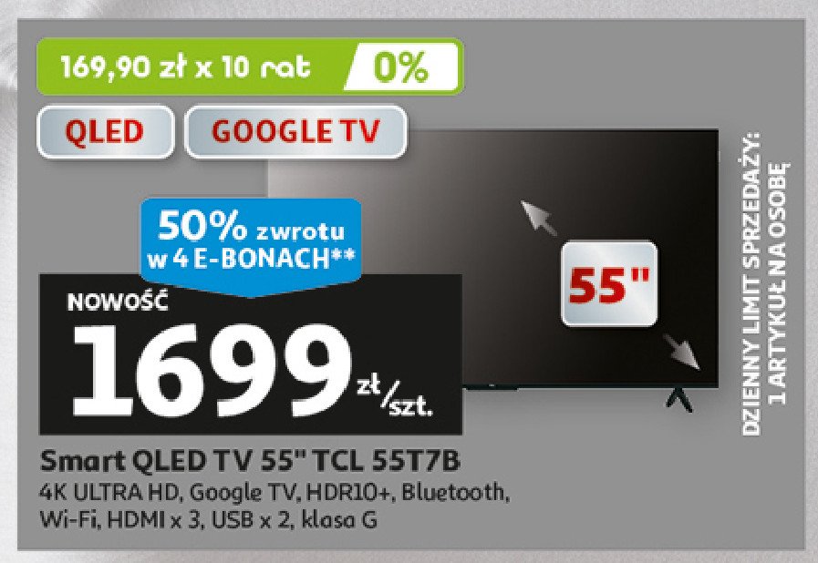 Telewizor smart qled 55" 55t7b Tcl promocja