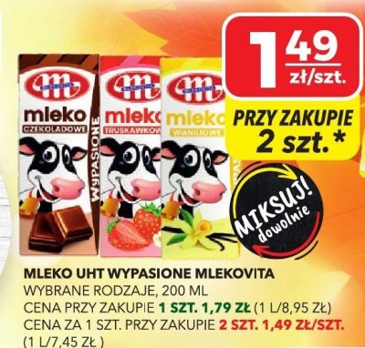 Mleko UHT wypasione Mlekovita truskawkowe promocja w Top Market