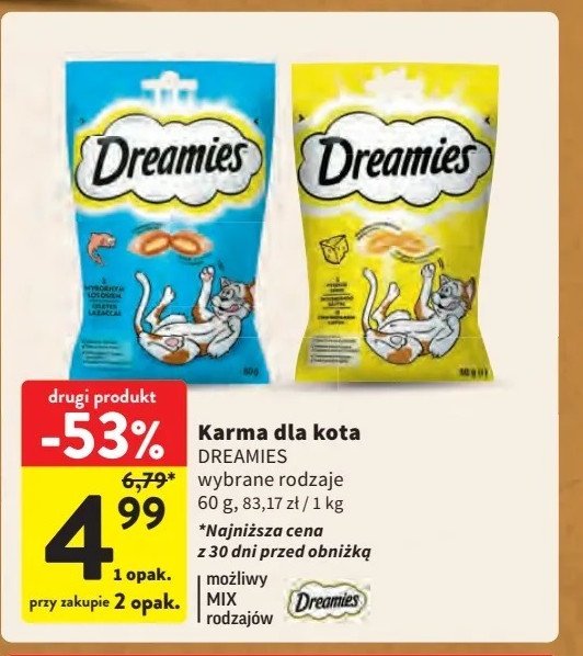Przysmak dla kota z serem Dreamies promocja w Intermarche