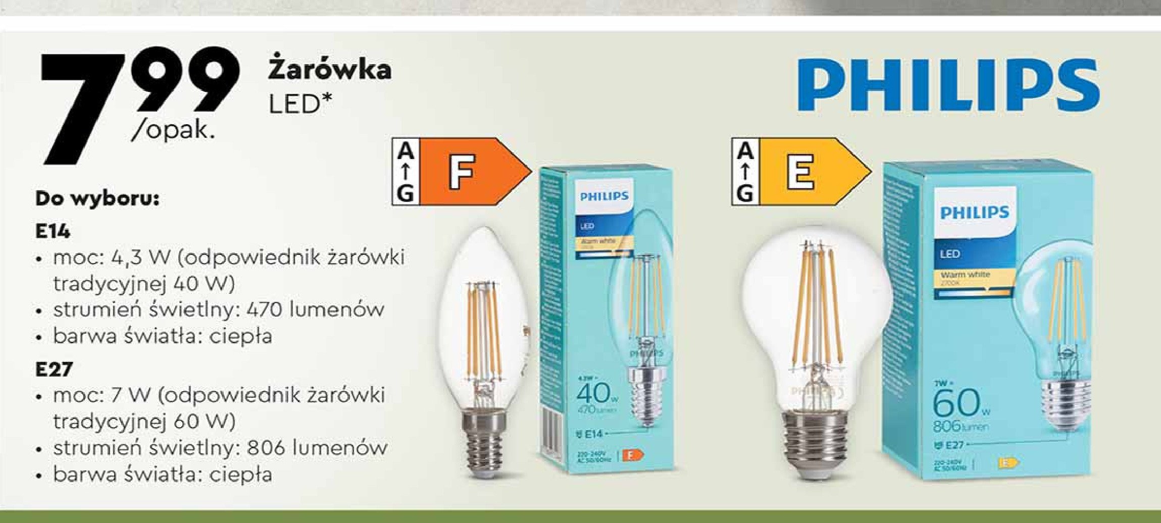 Żarówka filament 4.3 w e 14 świeczka Philips promocja