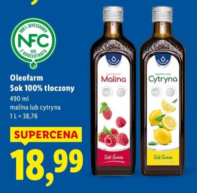 Sok 100% tłoczony Oleofarm malina promocja w Lidl