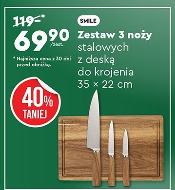 Zestaw 3 noży stalowych z deską do krojenia 35 x 22 cm Smile promocja w Biedronka