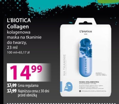 Maska L'BIOTICA Collagen kolagenowa na twarz i szyję promocja w Hebe