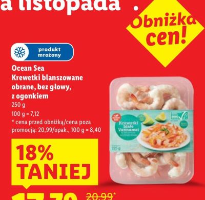Krewetki Ocean Sea Krewetki blanszowane obrane, bez głowy, z ogonkiem promocja w Lidl