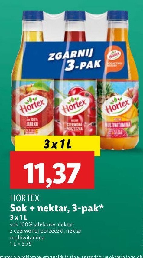 Zestaw: sok jabłkowy 1 l + napój czerwona porzeczka 1 l + nektar multiwitamina 1 l Hortex promocja