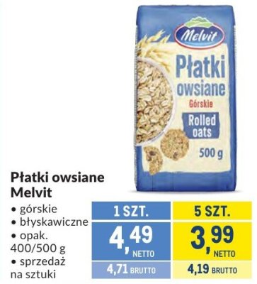Płatki owsiane Melvit górskie, błyskawiczne promocja w Makro