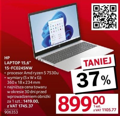 HP LAPTOP 15,6" 15-FC0245NW promocja w Selgros