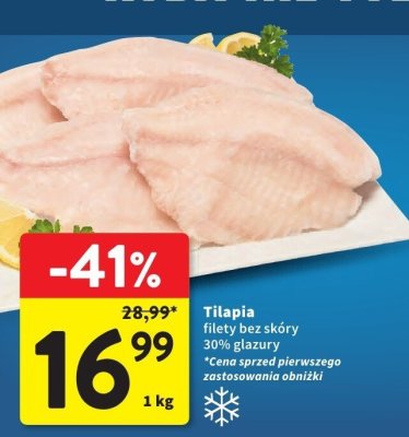 Tilapia filety bez skóry 30% glazury promocja w Intermarche