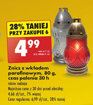 Znicz szklany z wkładem parafinowym 30 h promocja w Biedronka