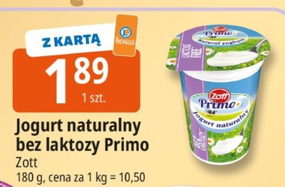 Jogurt naturalny bez laktozy Primo Zott promocja w Leclerc