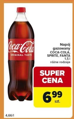 Napój gazowany COCA-COLA, SPRITE, FANTA 1.5 l, różne rodzaje promocja w Carrefour Express