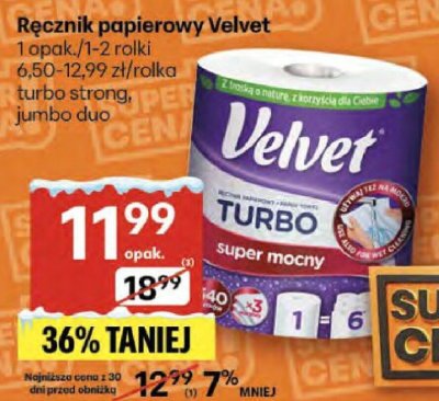 Ręcznik papierowy Velvet 1 opak./1-2 rolki turbo strong, jumbo duo promocja w Delikatesy Centrum