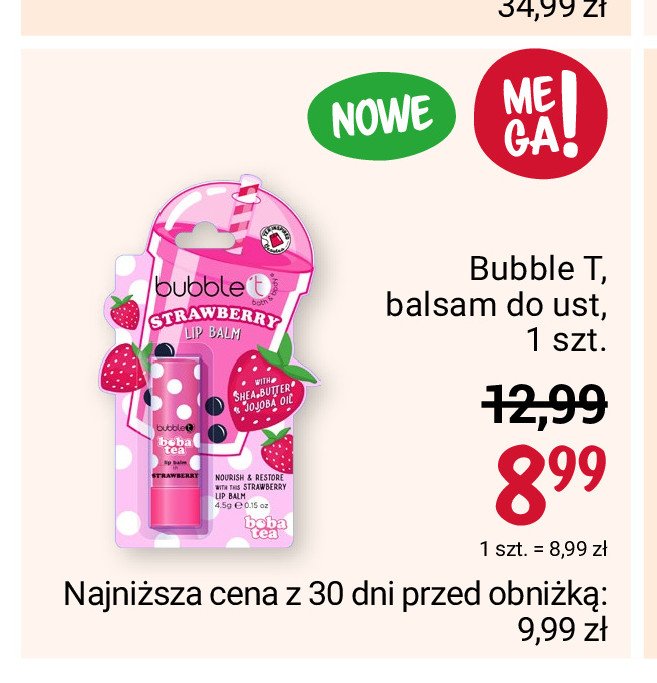 Balsam do ust strawberry BUBBLE T promocja