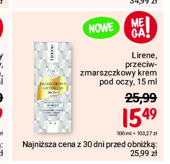 Przeciwzmarszczkowy krem pod oczy Lirene diamentowy lifting 3d promocja
