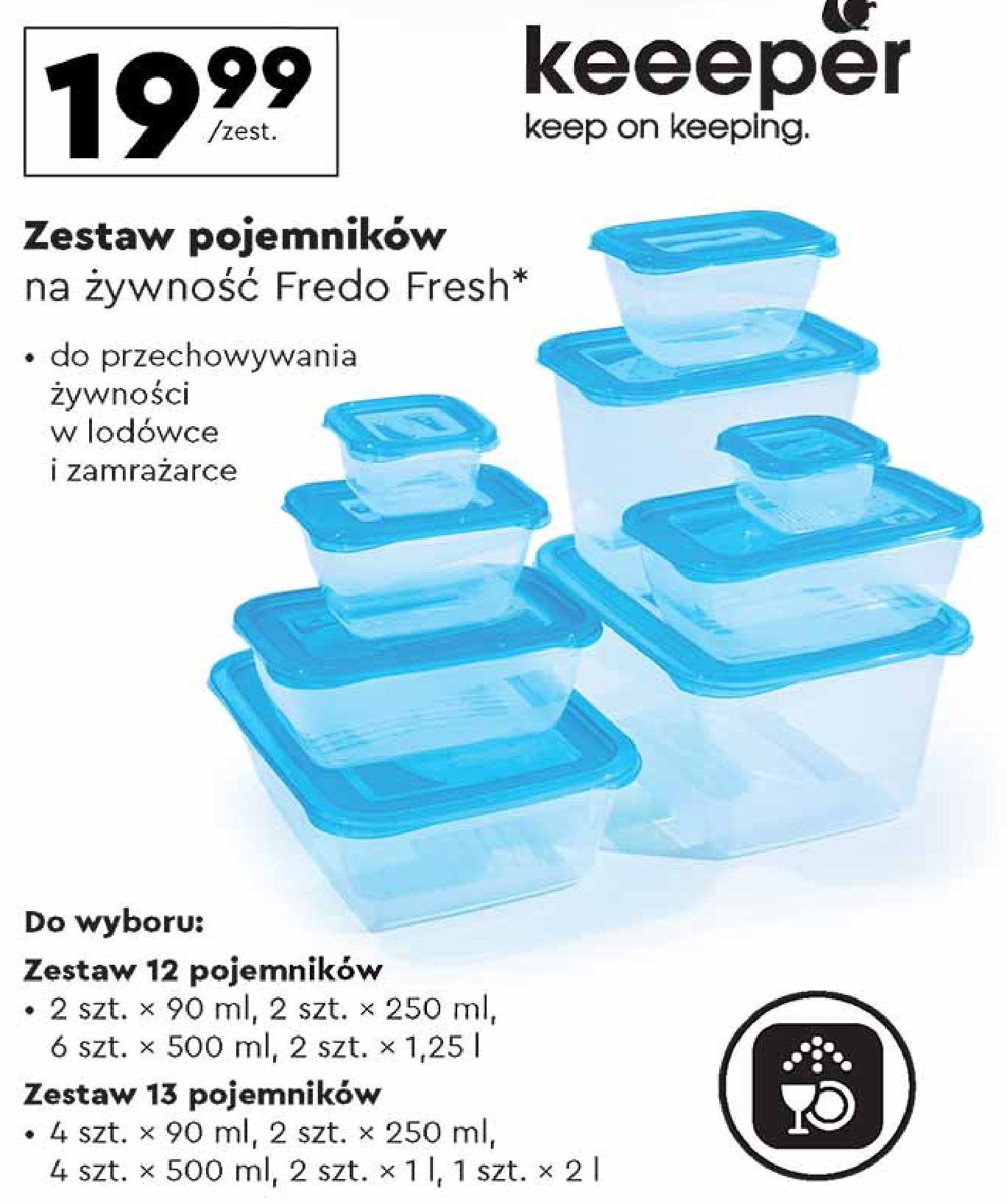 Pojemniki na żywność fredo fresh 4 x 90 ml + 2 x 250 ml + 4 x 500 ml + 2 x 1 l + 2 l Keeeper promocja