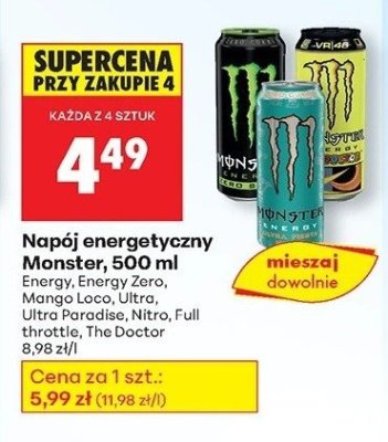 Napój energetyczny Monster 500 ml Energy, Energy Zero, Mango Loco, Ultra, Ultra Paradise, Nitro, Full throttle, The Doctor promocja w Biedronka