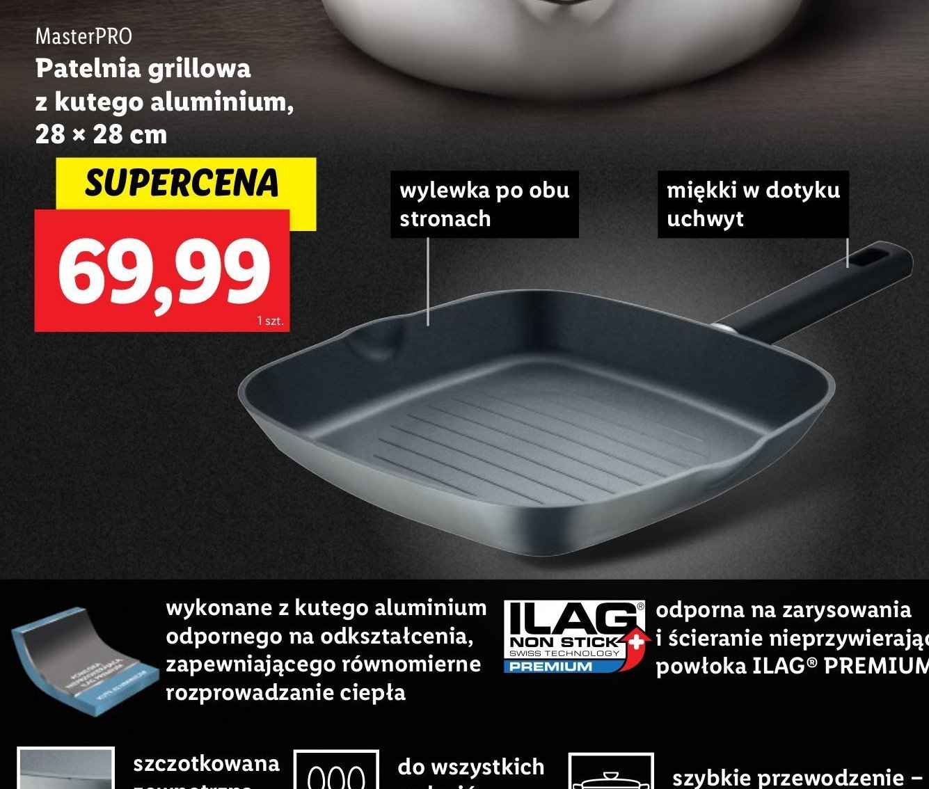 Patelnia grillowa 28 x 28 x 4.3 cm Master pro promocja w Lidl