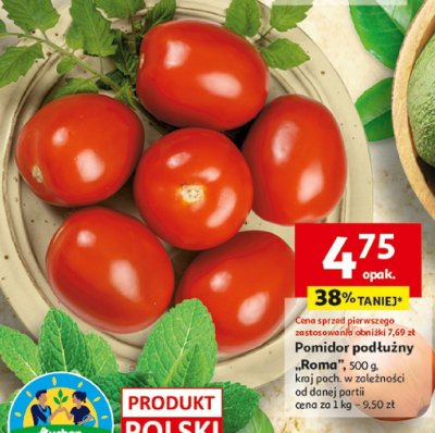 Pomidor podłużny Roma 500g, kraj poch. w zależności od danej partii, cena za 1 kg - 9,50 zł promocja w Auchan