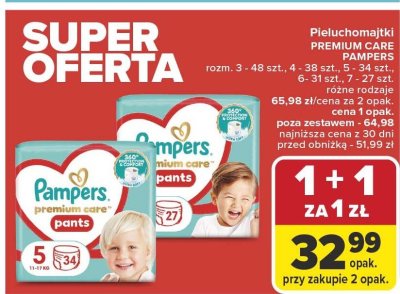 Pieluchy PAMPERS PREMIUM CARE PANTS różne rodzaje rozm. 3-48 szt., 4-38 szt., 5-34 szt., 6-31 szt., 7-27 szt. promocja w Carrefour