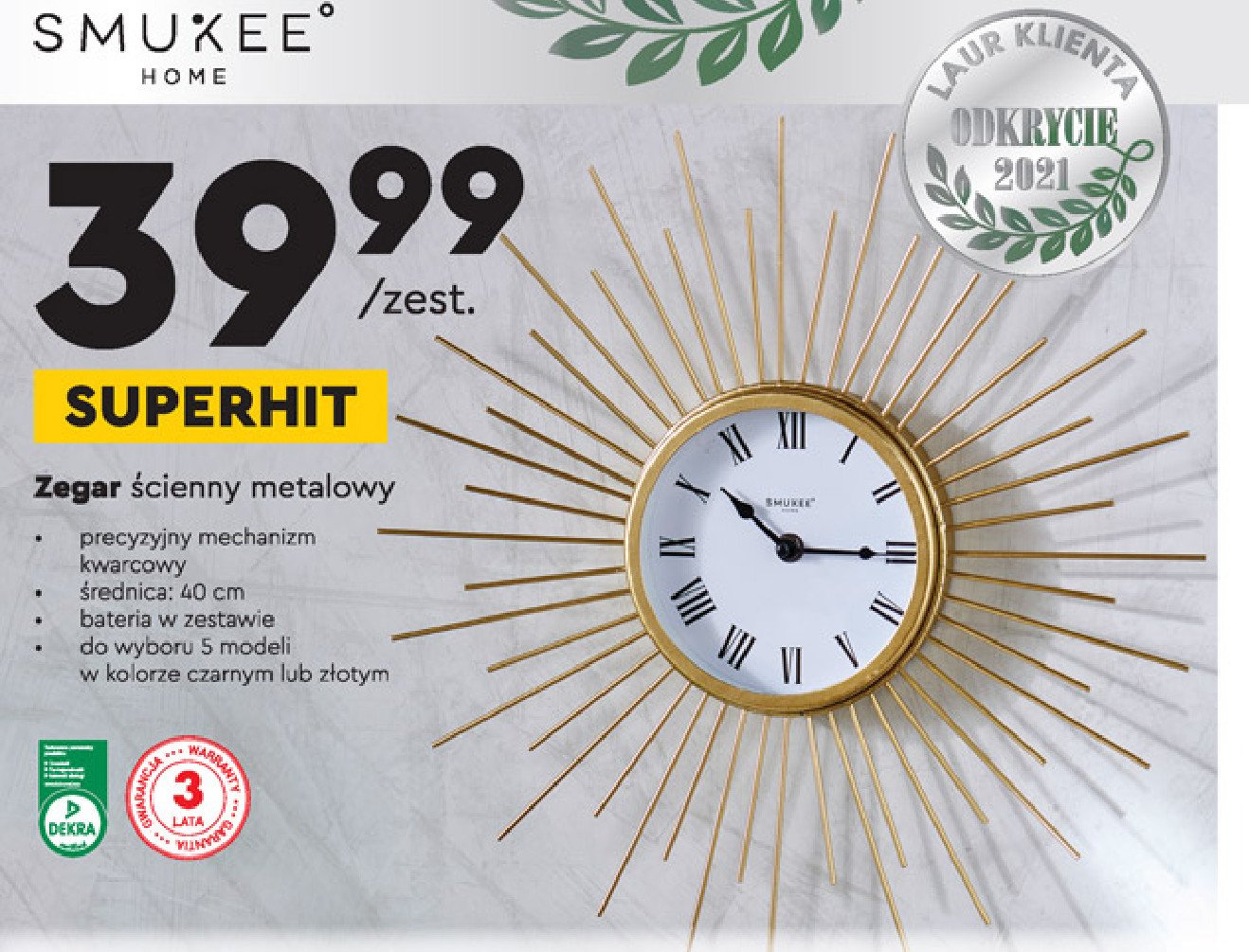 Zegar ścienny metalowy złoty 40 cm Smukee home promocja