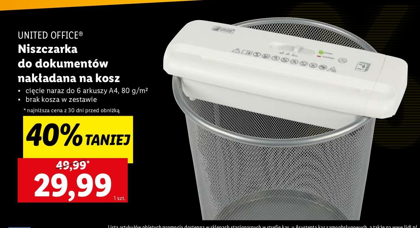 Niszczarka dokumentów na kosz promocja w Lidl