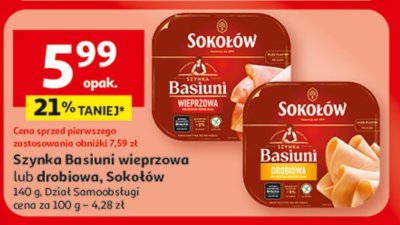 Szynka Basium wieprzowa lub drobiowa, Sokołów, 140 g, Dział Samoobsługi promocja w Auchan
