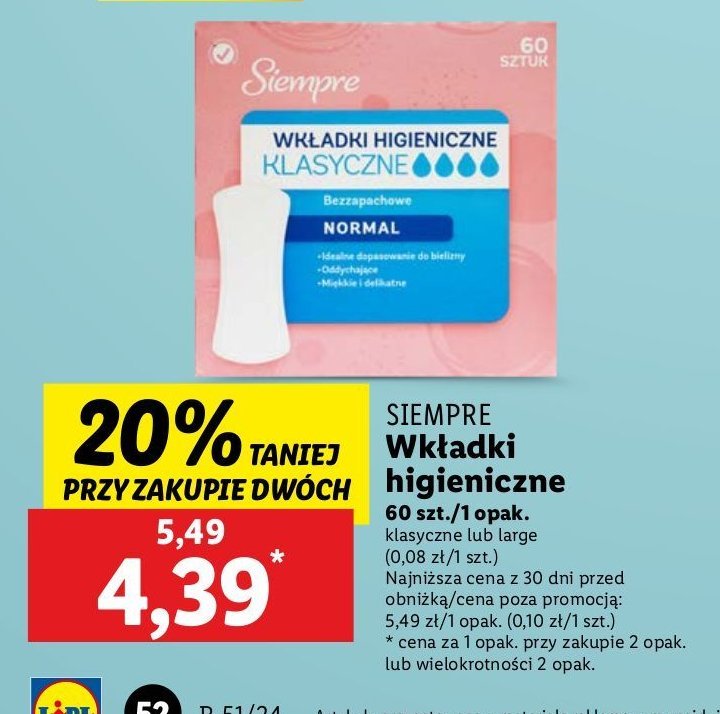 Wkładki normal Siempre promocja w Lidl