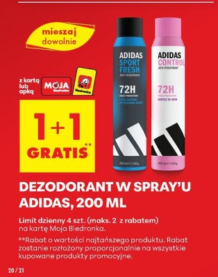 Dezodorant w spray'u Adidas, różne rodzaje 1+1 GRATIS promocja w Biedronka