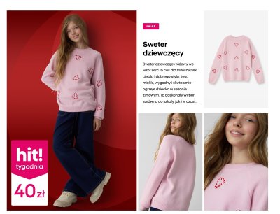 Sweter dziewczęcy różowy w serca Pepco promocja