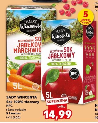 Sok 100% tłoczony NFC Sady Wincenta różne rodzaje 5 l karton promocja w Kaufland