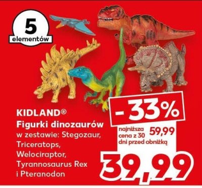 Figurki dinozaurów KIDLAND w zestawie: Stegozaur, Triceratops, Velociraptor, Tyrannosaurus Rex i Pteranodon promocja w Kaufland