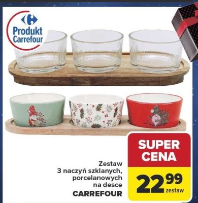 Zestaw 3 naczyń szklanych, porcelanowych na desce promocja w Carrefour