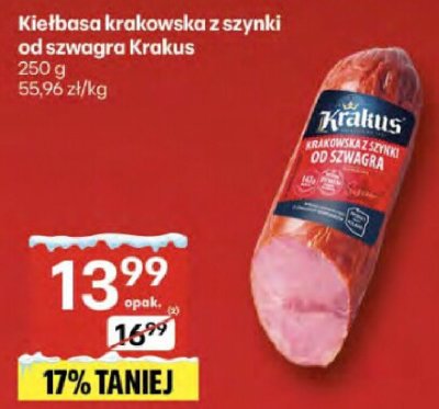 Kiełbasa krakowska z szynki od szwagra Krakus promocja w Delikatesy Centrum