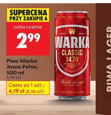 Piwo Warka Jasne Pełne promocja w Biedronka