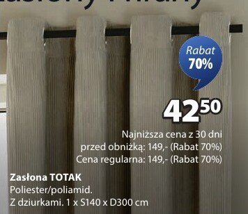 Zasłona TOTAK Poliester/poliamid. Z dziurkami. 1 x S140 x D300 cm promocja w Jysk